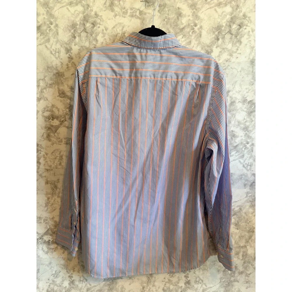 Banana Republic‎ XL 17-17.5 Slim Fit Non-Iron Dress Shirt Blue Orange Stripe